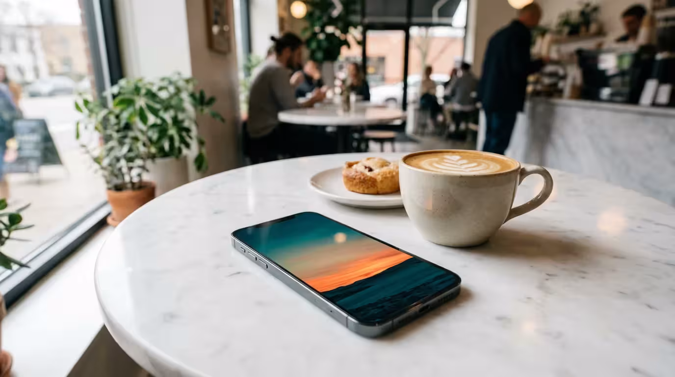 A smartphone on a cafe table showing a professional color-graded sunset photo.