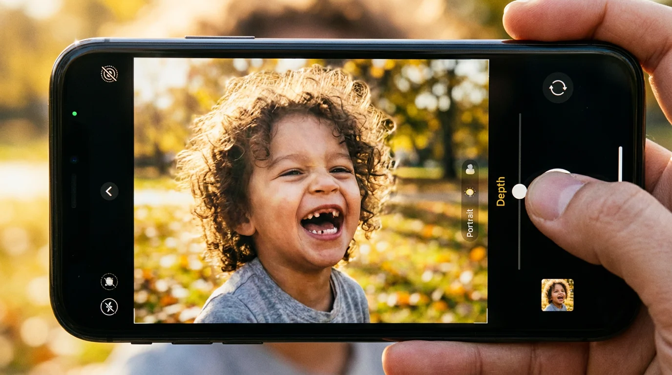 A smartphone portrait with a blurred background using portrait mode depth control.