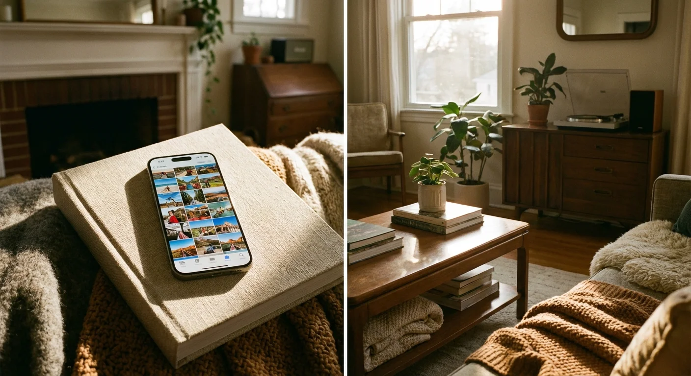 A smartphone resting on a physical photo album, illustrating the transition from app to archive.