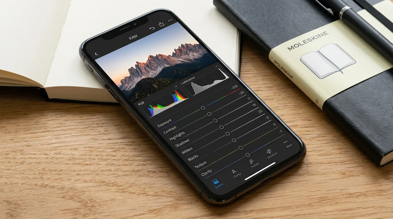 A smartphone screen displaying a RAW image being edited in a professional app.