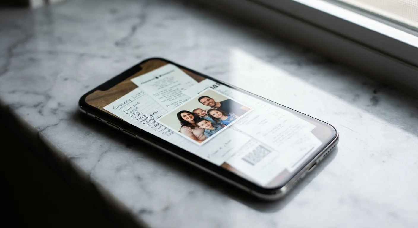 A smartphone screen showing a messy mix of screenshots and a family photo on a marble table.