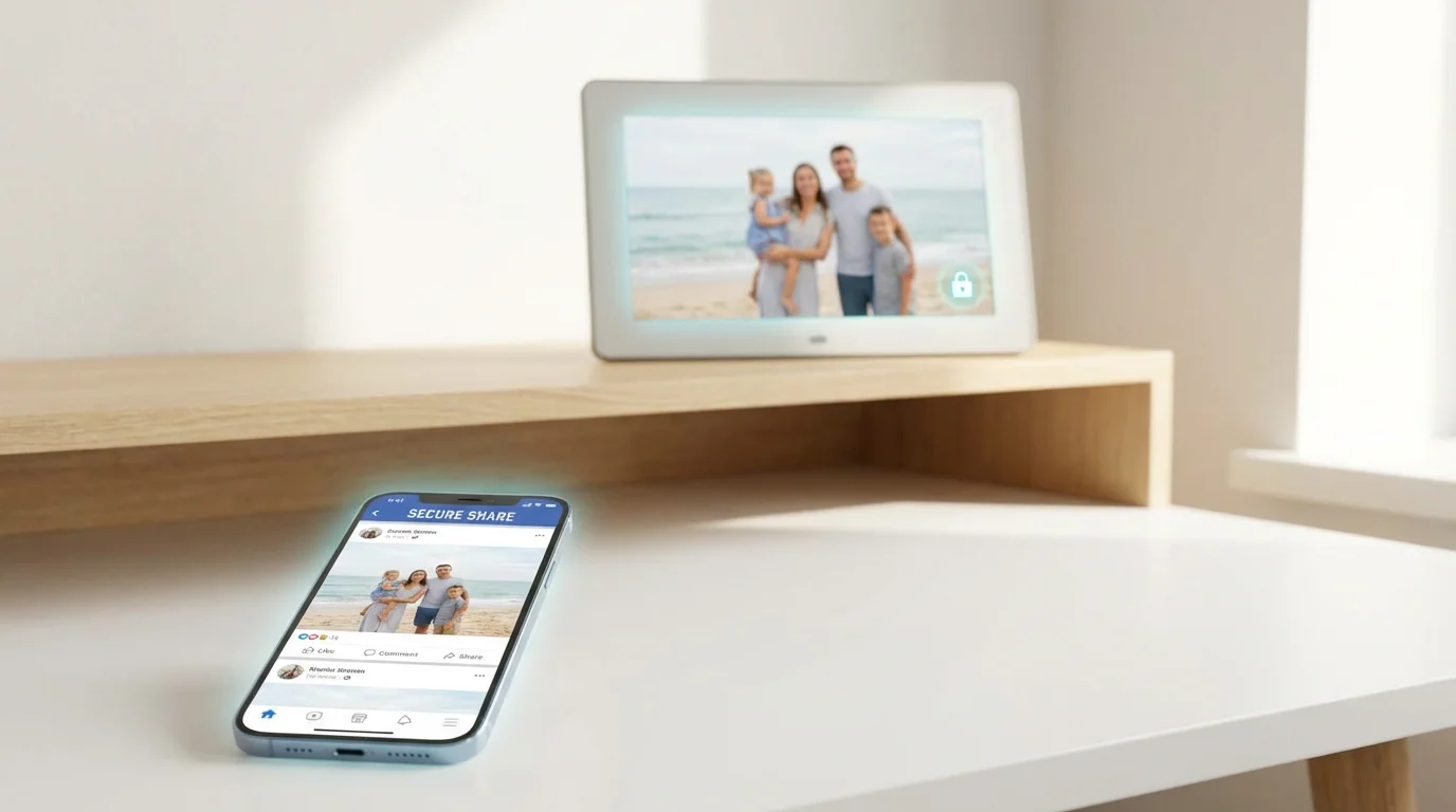 A smartphone sending a photo to a digital frame in a modern home setting.