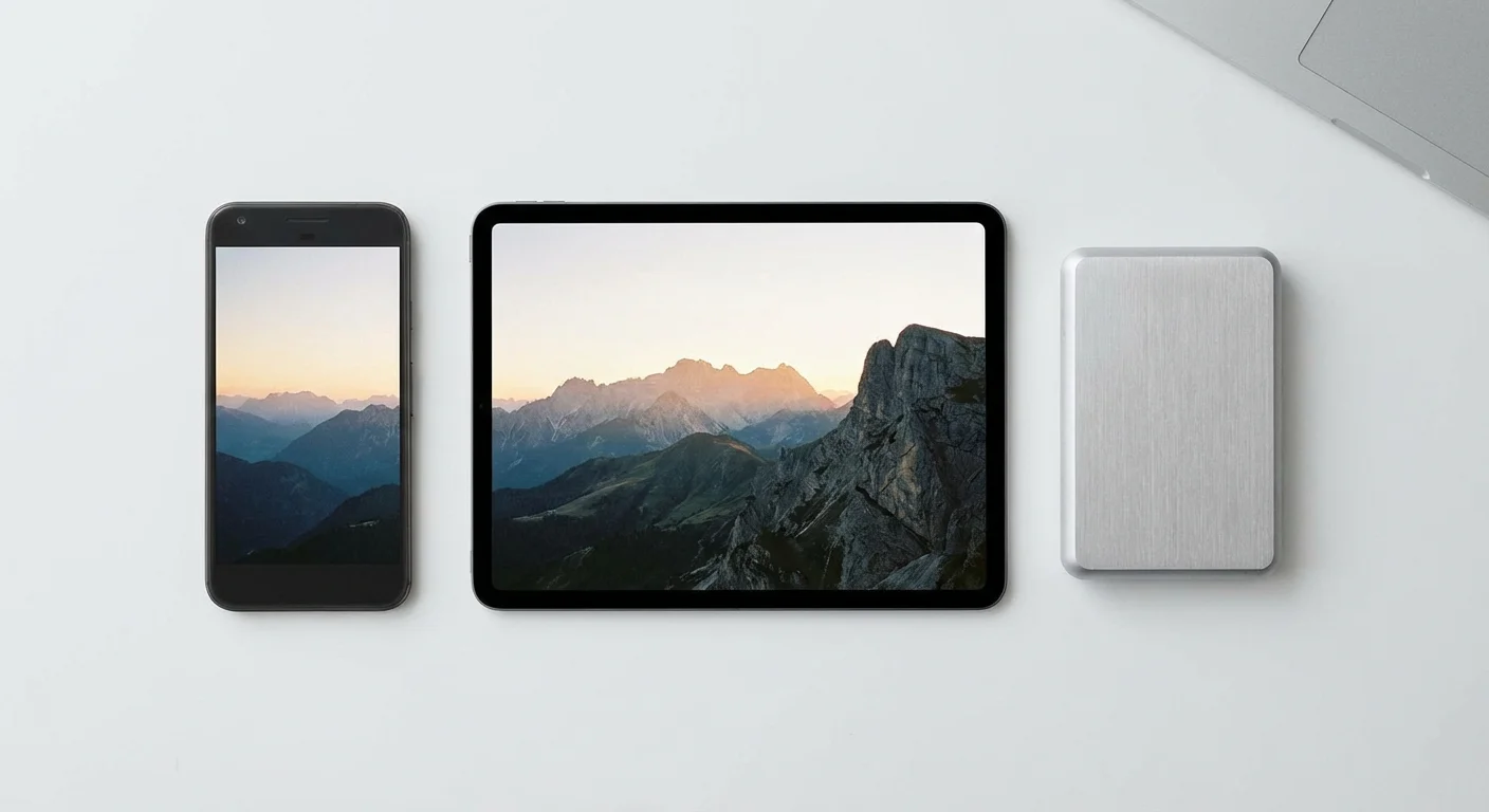A smartphone, tablet, and hard drive on a desk, showing synchronized photo data.