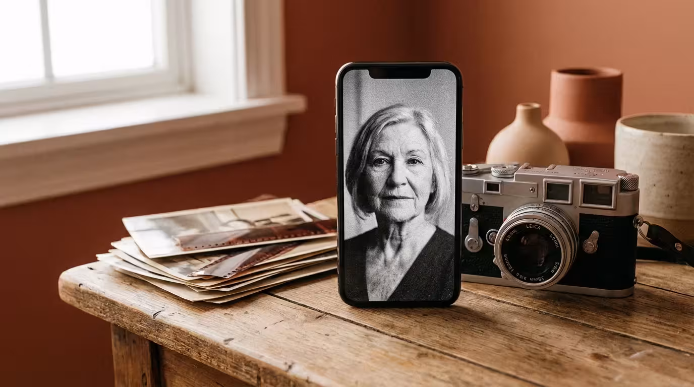 A smartphone with a film-style photo filter next to a vintage analog camera.