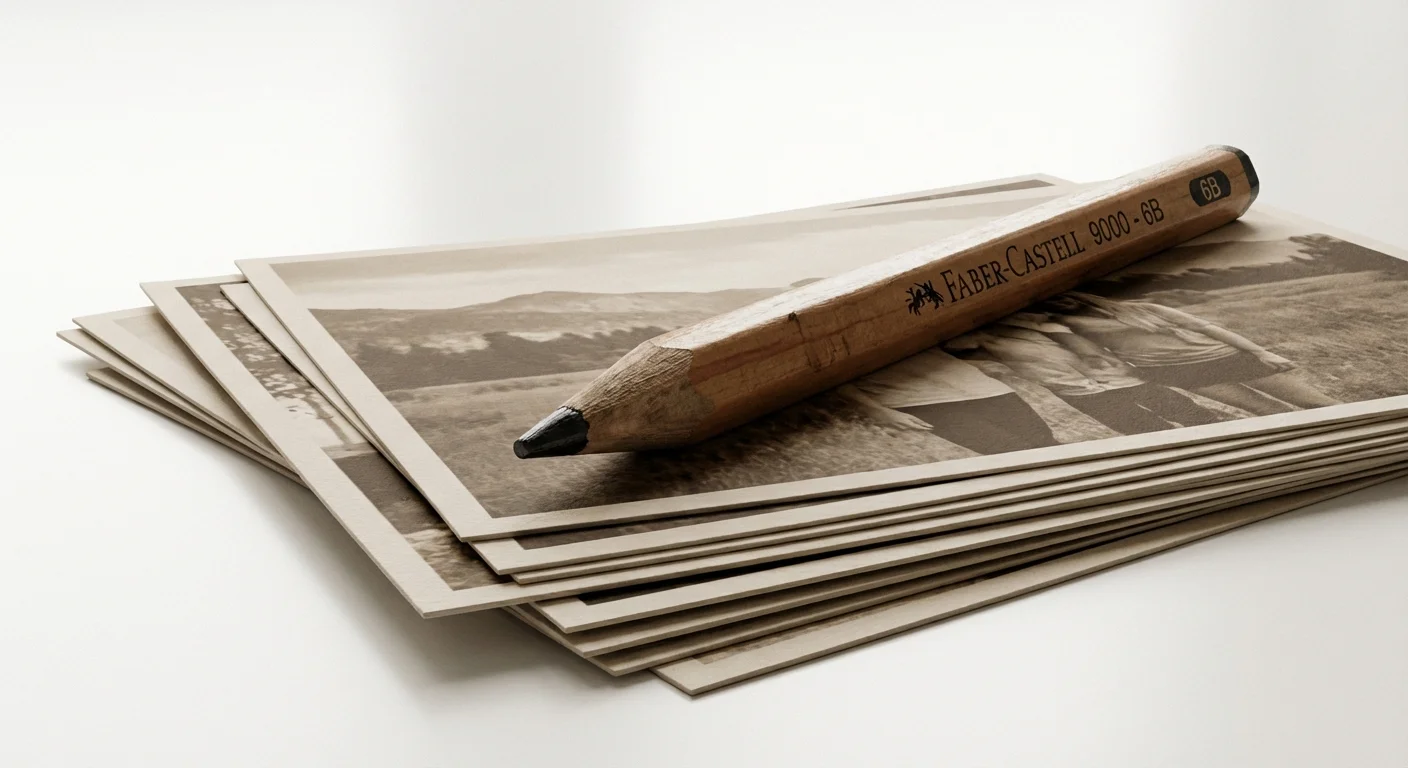 A soft 6B graphite pencil resting on a stack of antique paper-based photographs.