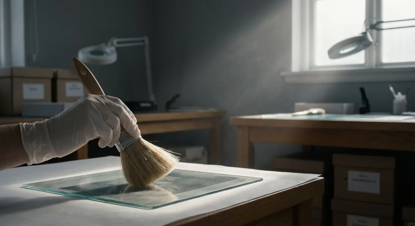 A soft brush cleaning dust off the glass surface of a photographic negative.