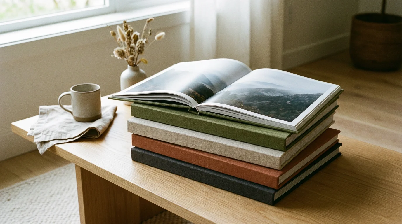 A stack of premium linen-covered photo books on a minimalist coffee table.