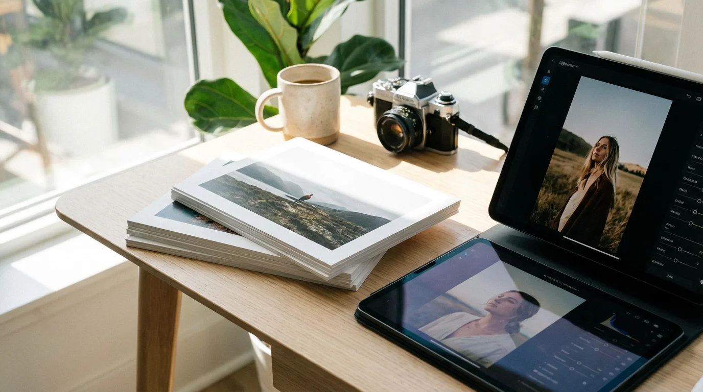 A stack of printed photos next to a tablet showing photo editing software.