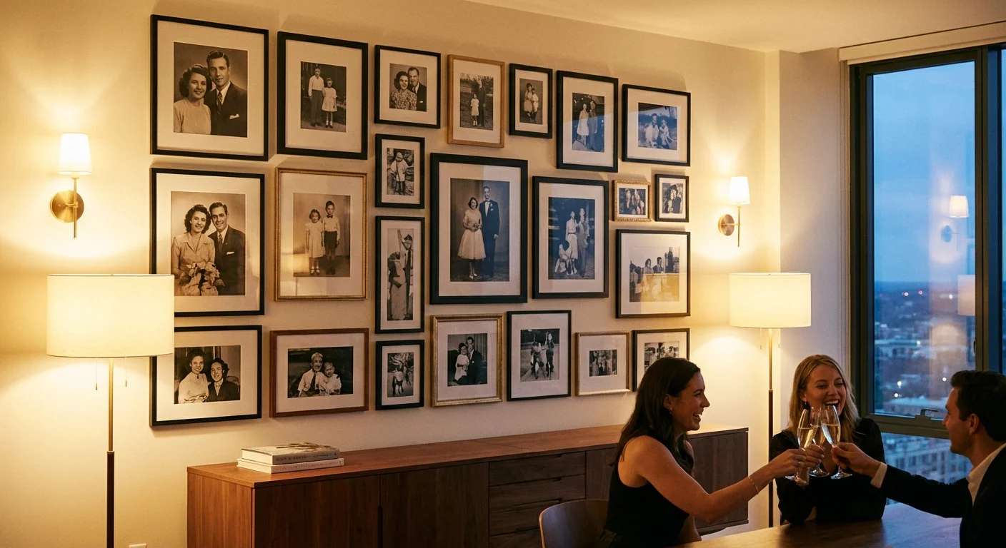 A stylish gallery wall featuring a collection of framed family photographs.