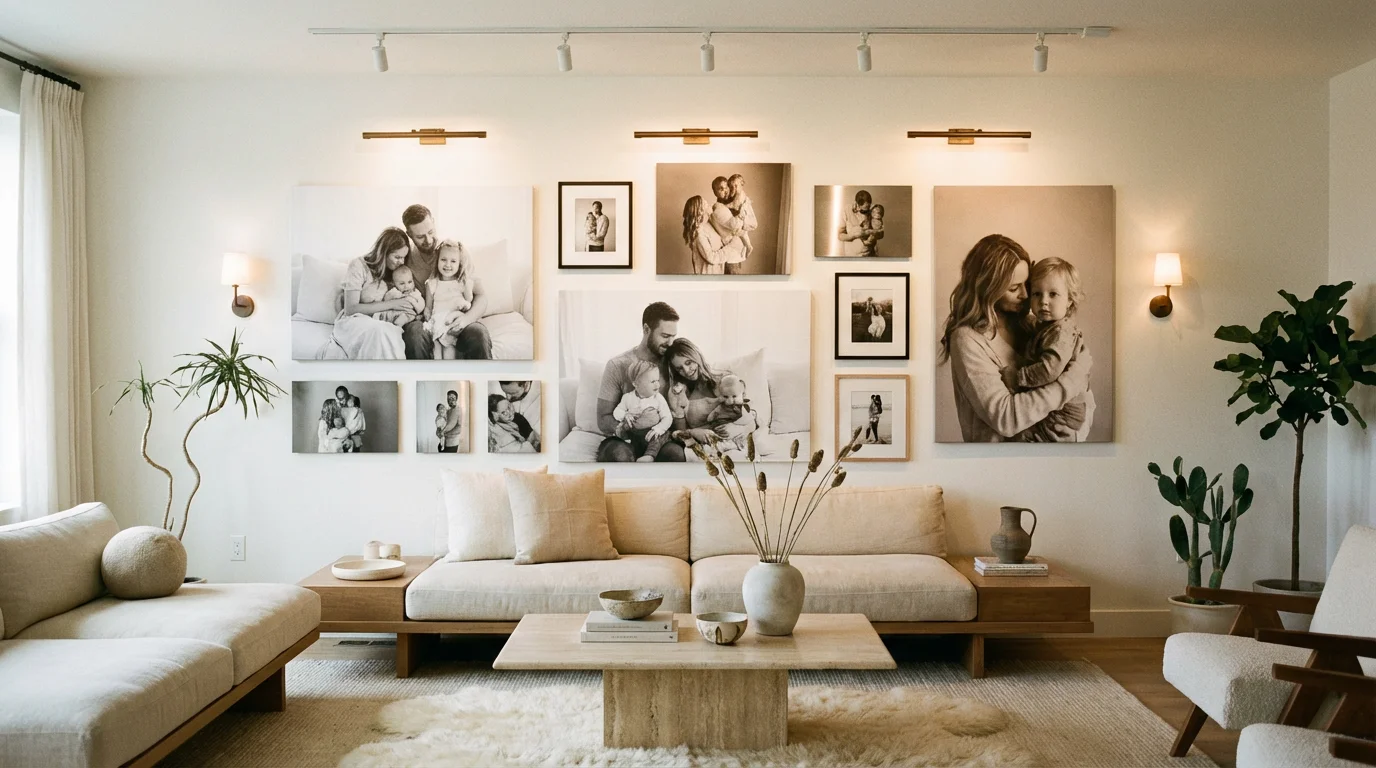 A stylish living room wall decorated with a cohesive gallery of large family photo prints and canvases.
