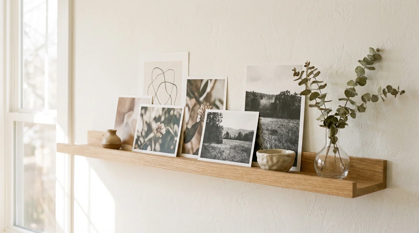 A stylish wooden picture ledge displaying a mix of photos and small decorative objects.