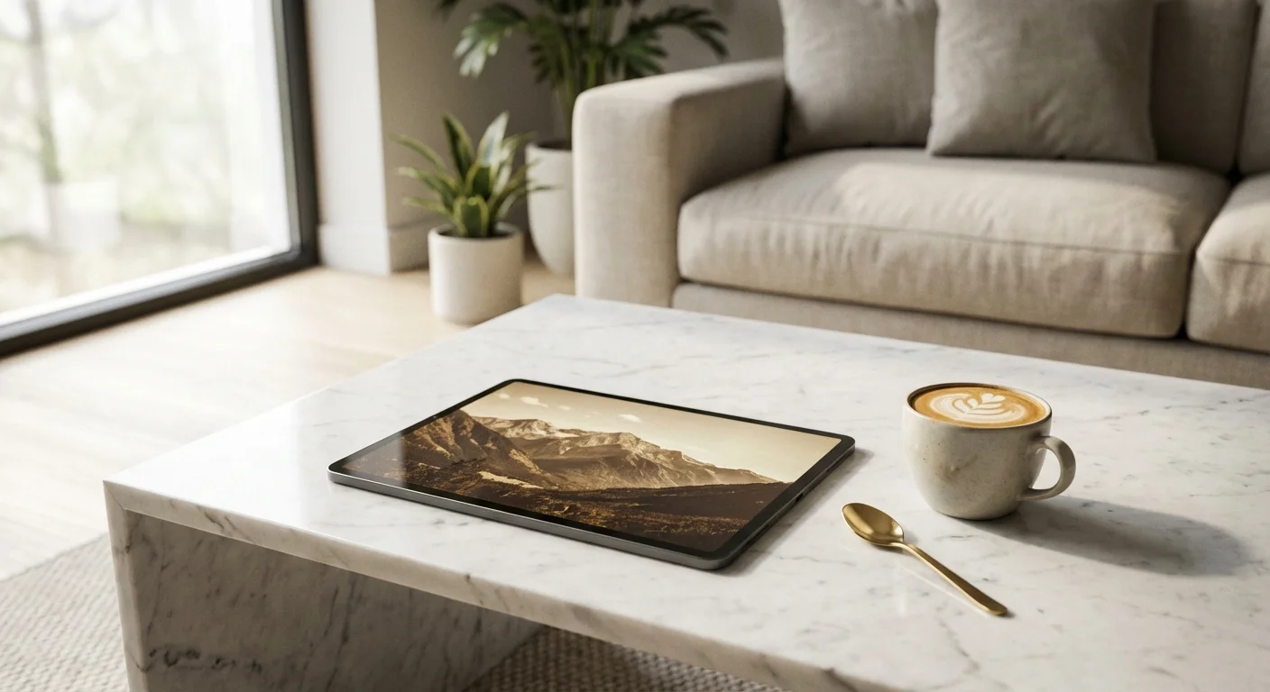 A tablet displaying a photo with a warm vintage preset applied.