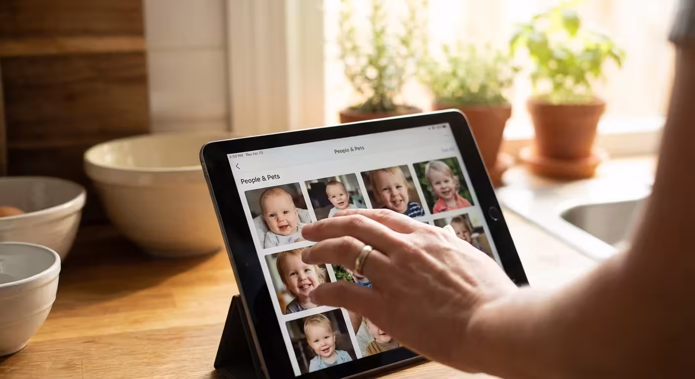 A tablet screen displaying Google Photos' facial recognition grid showing a child growing up.