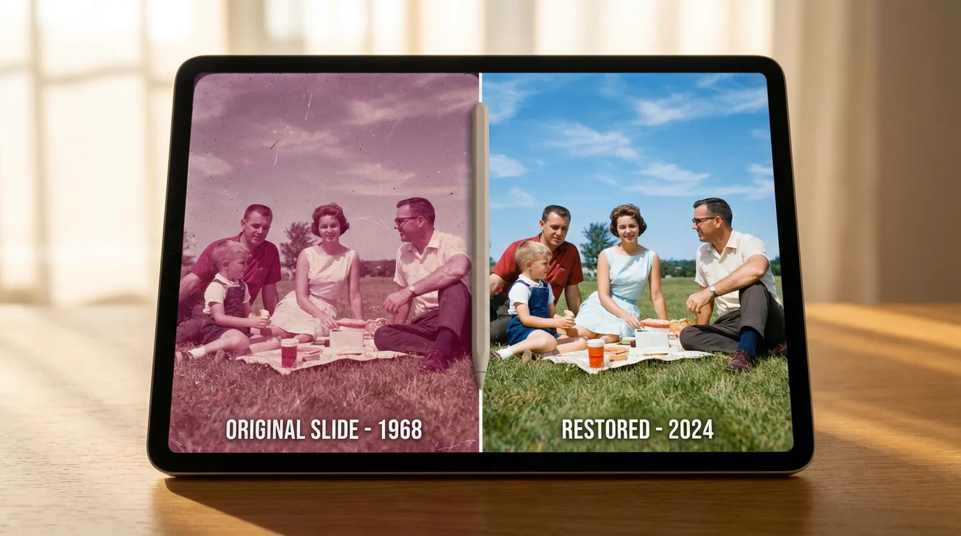 A tablet screen showing a before-and-after comparison of a color-corrected vintage photo.