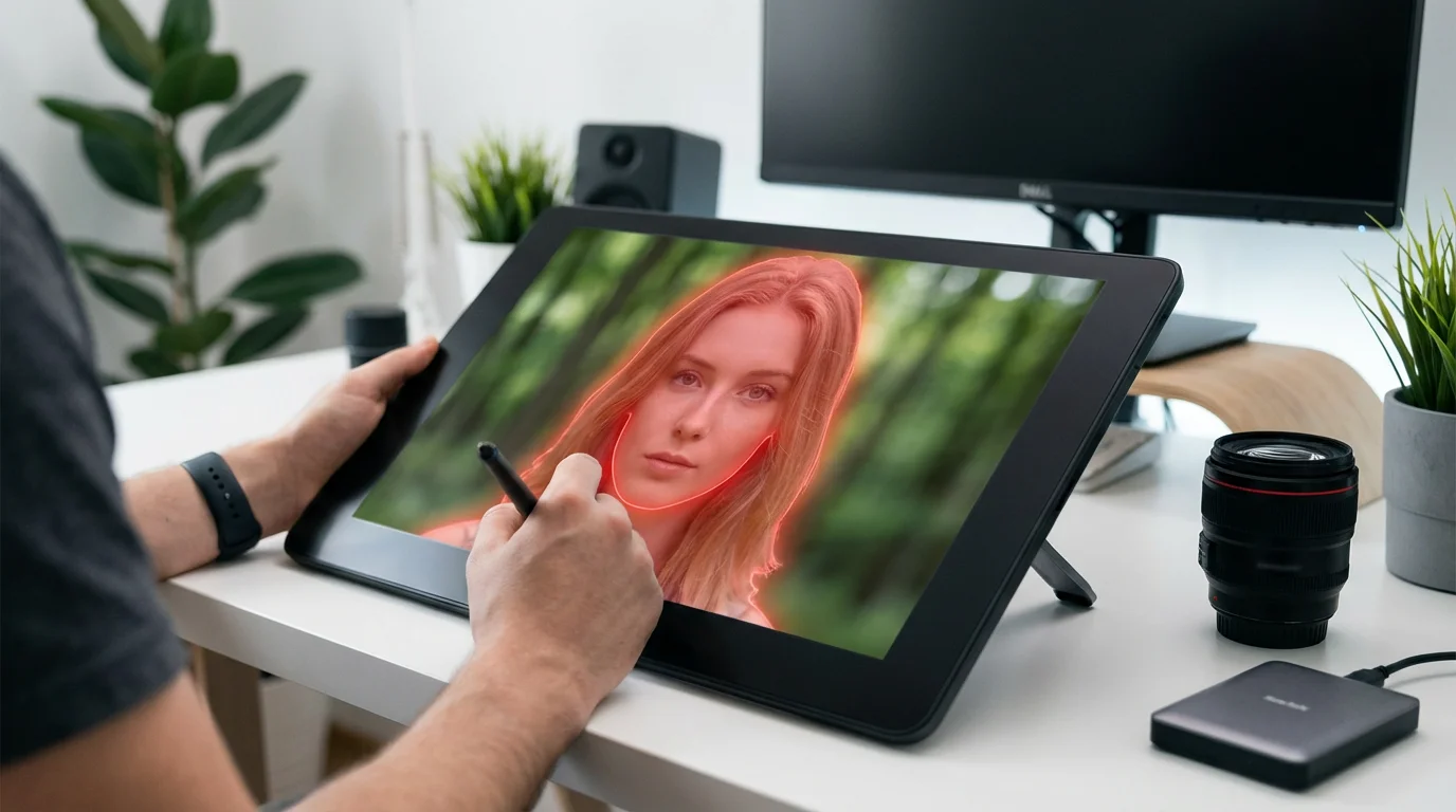 A tablet screen showing a red AI mask over a portrait subject in Lightroom to create a pop effect.