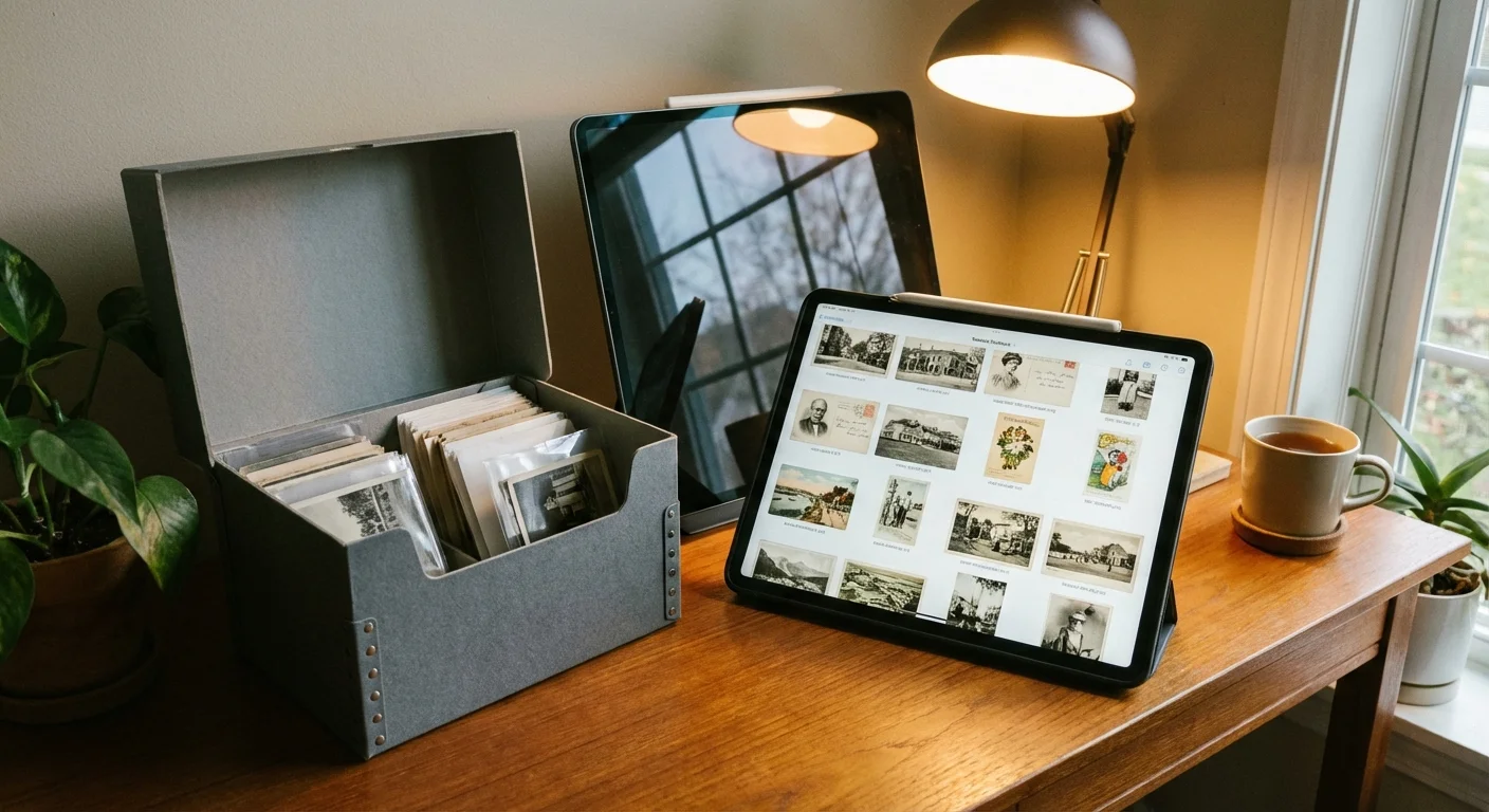 A tablet showing a digital photo gallery next to a physical archival storage box.