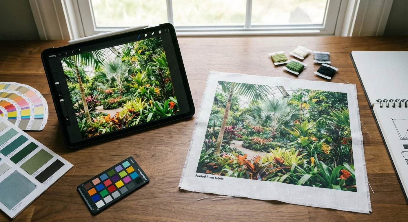 A tablet showing a photo next to the same photo printed on fabric.