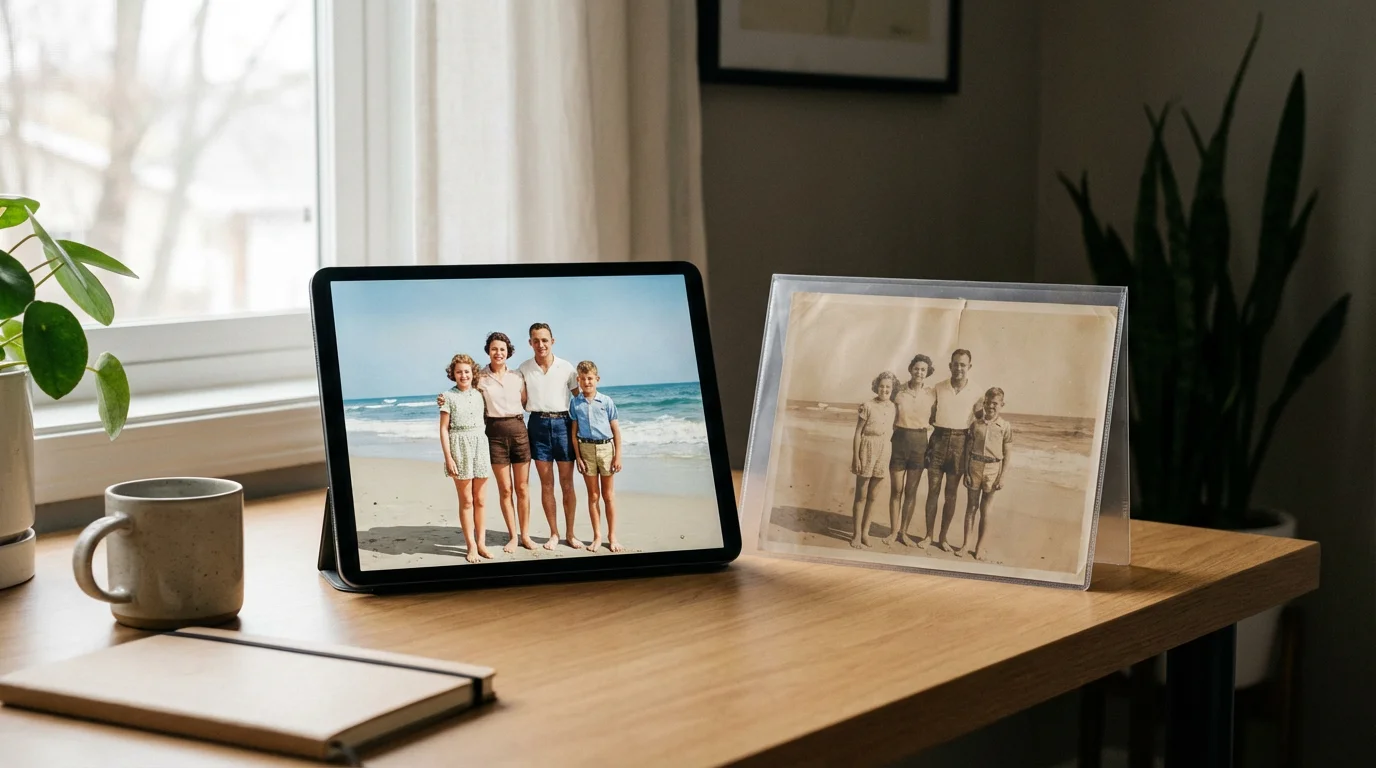A tablet showing a restored digital photo next to the original faded physical photograph.