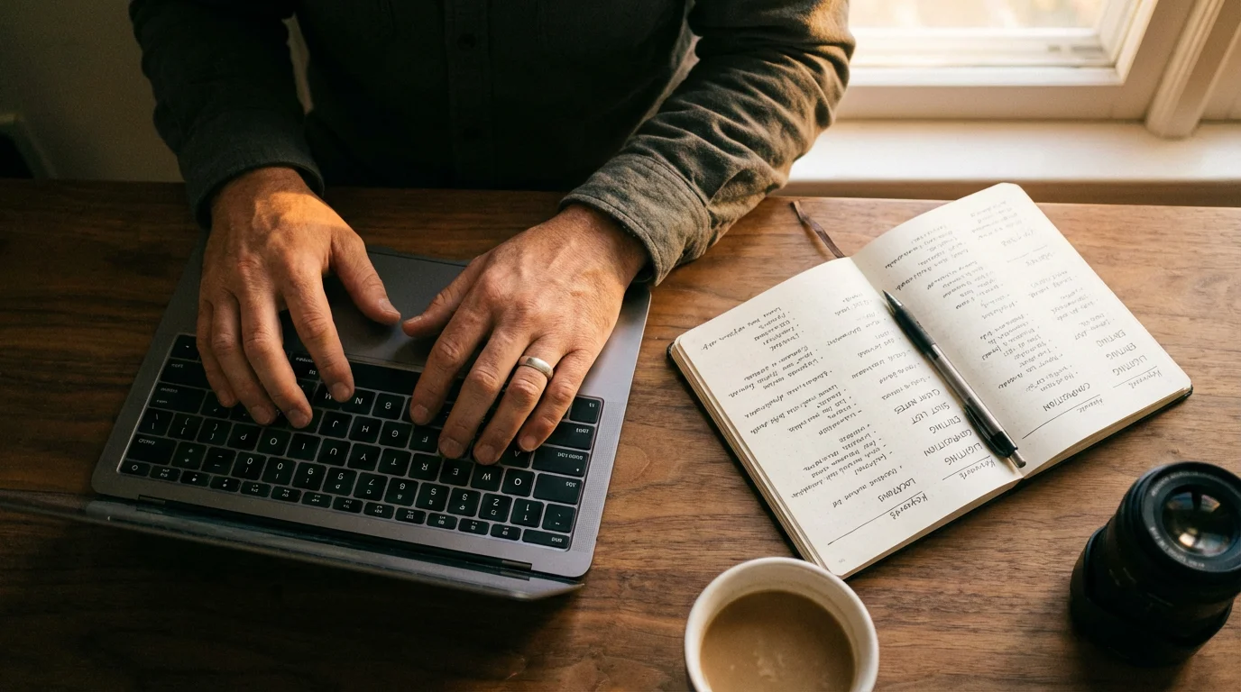 A top-down view of a photographer organizing keywords and metadata on a laptop.