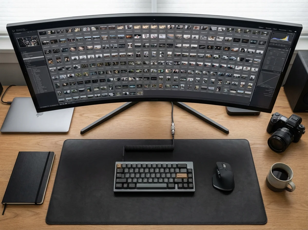 A top-down view of a professional photo editing workstation showing an organized digital asset management system.