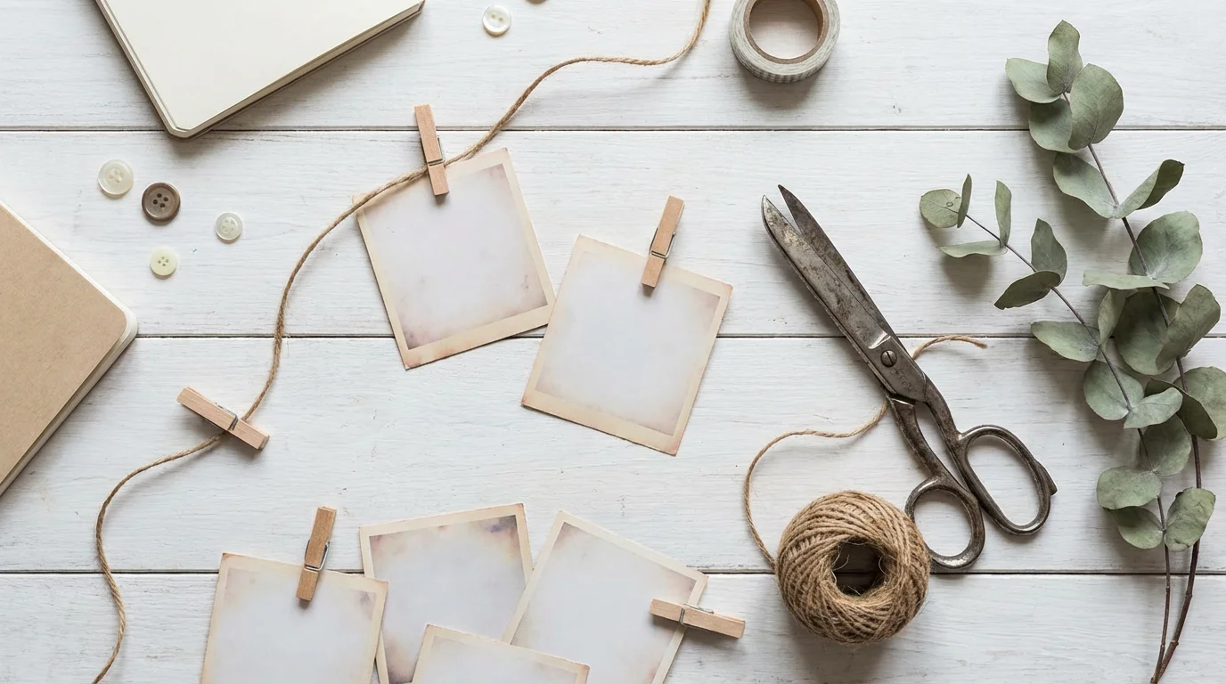 A top-down view of DIY photo crafting supplies including mini-clips, twine, and small prints.