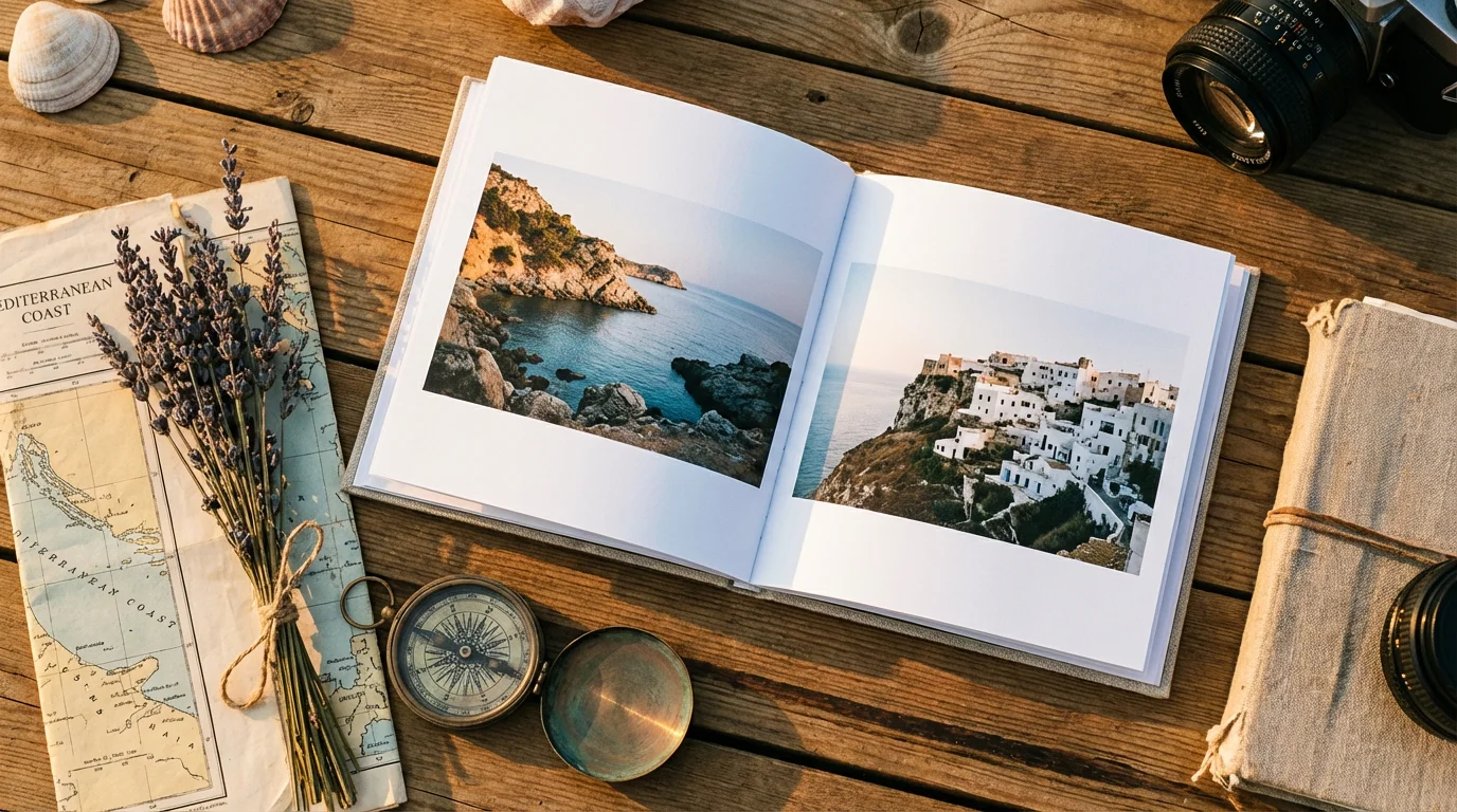 A travel photo book open to a landscape page, surrounded by travel mementos like a compass and map.