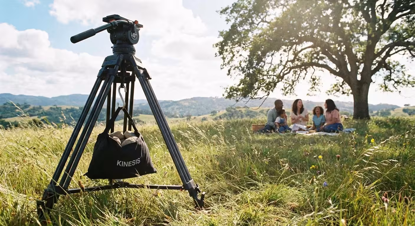 A tripod with a stabilizing weight bag attached, set up in a breezy outdoor park.