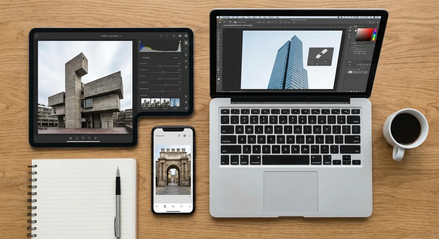 A variety of devices showing different photo editing software interfaces.