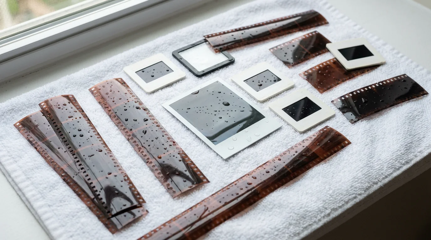 A variety of film formats including negatives and slides drying on a white towel.