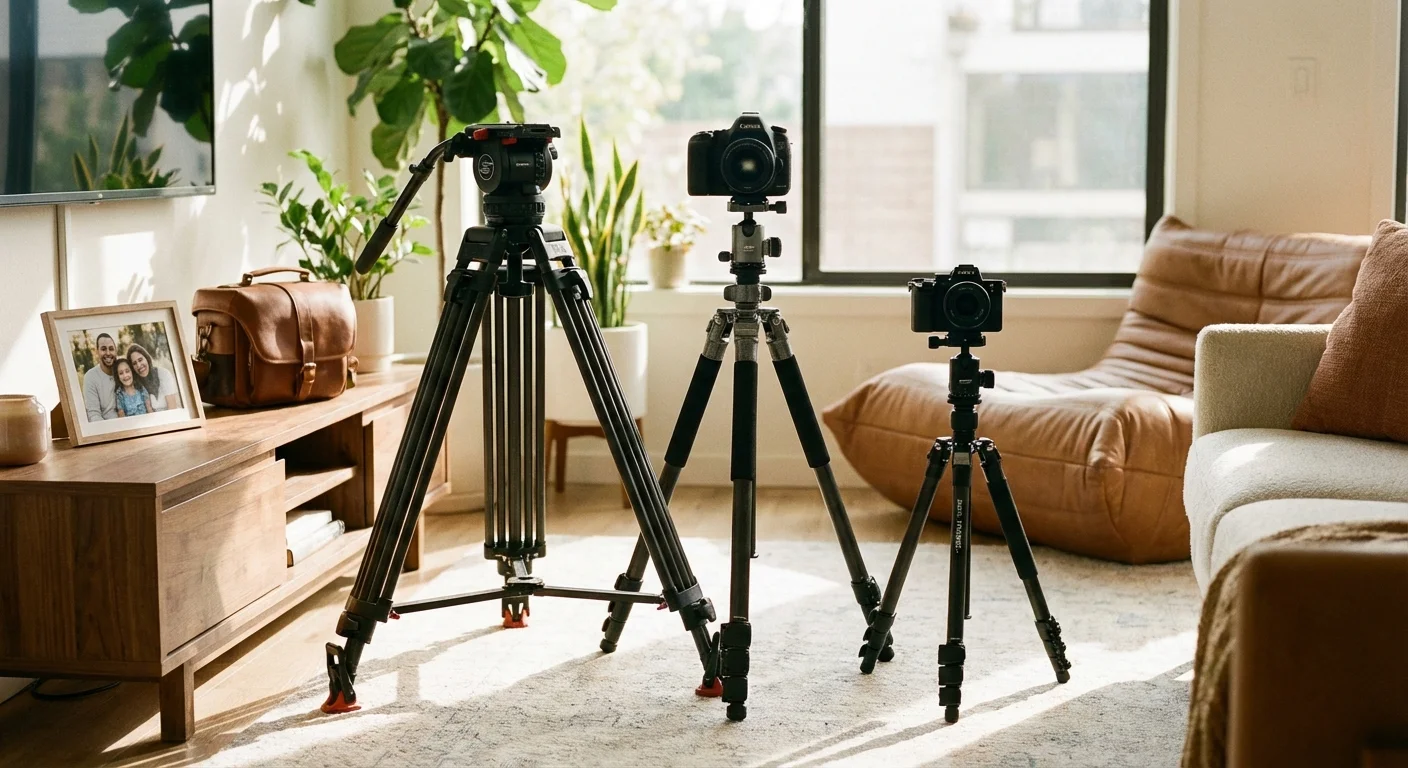 A variety of professional tripods standing in a modern, sunlit home interior.