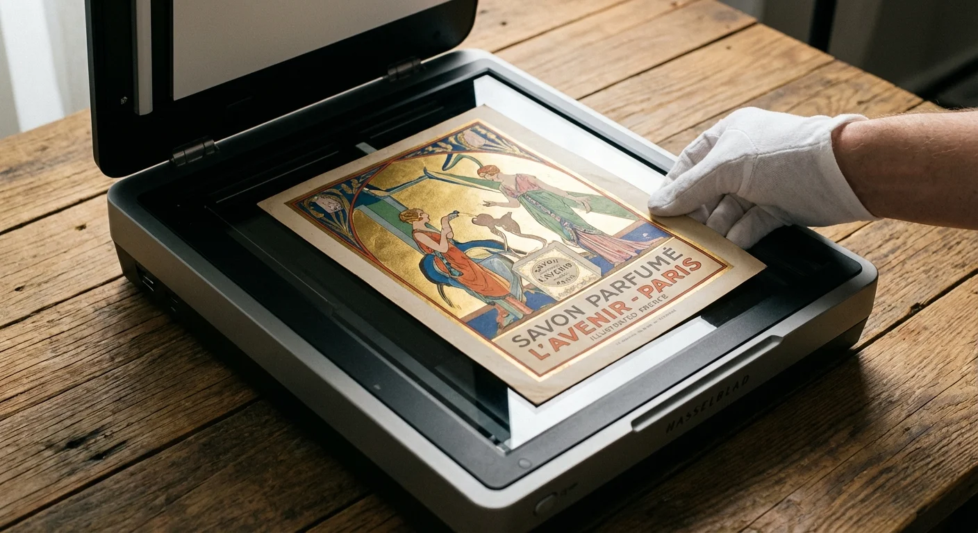 A vintage document being carefully placed on the glass of a modern flatbed scanner for high-resolution imaging.
