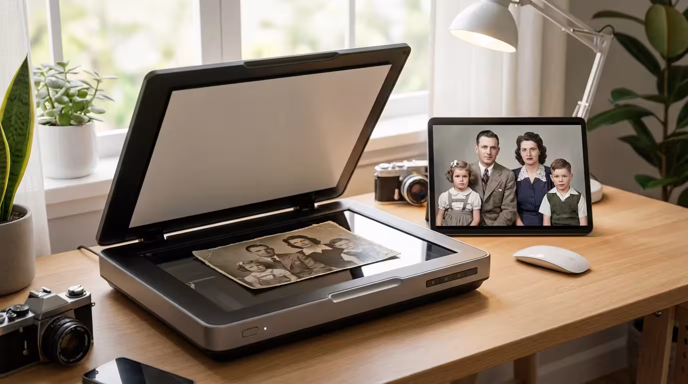 A vintage photo being scanned on a flatbed scanner next to a digital tablet.