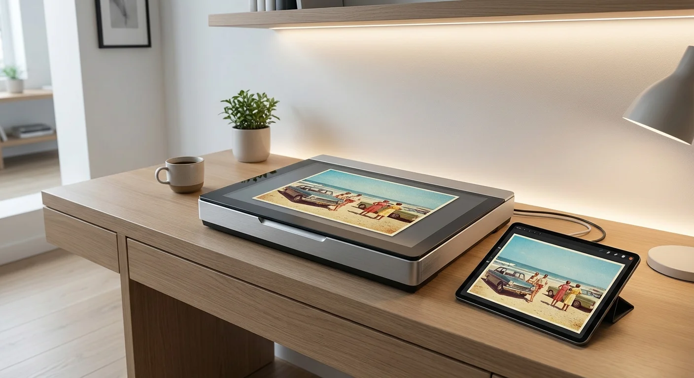 A vintage photo being scanned on a professional flatbed scanner next to a tablet.