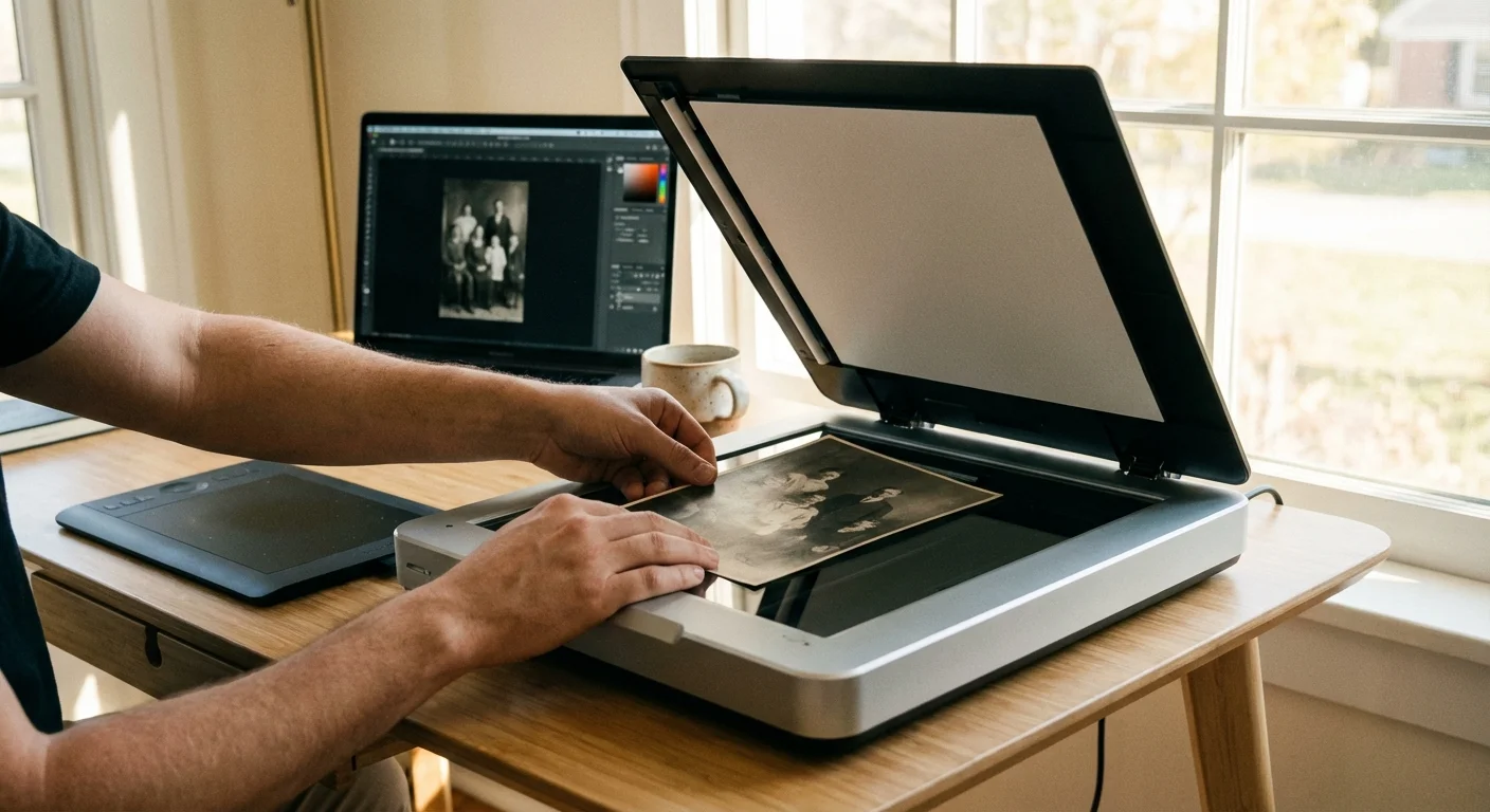 A vintage portrait being placed on a modern flatbed scanner for digitization.