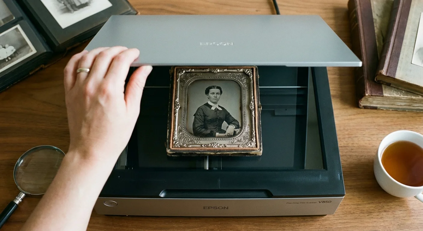 A vintage portrait resting safely on the glass platen of a flatbed scanner.
