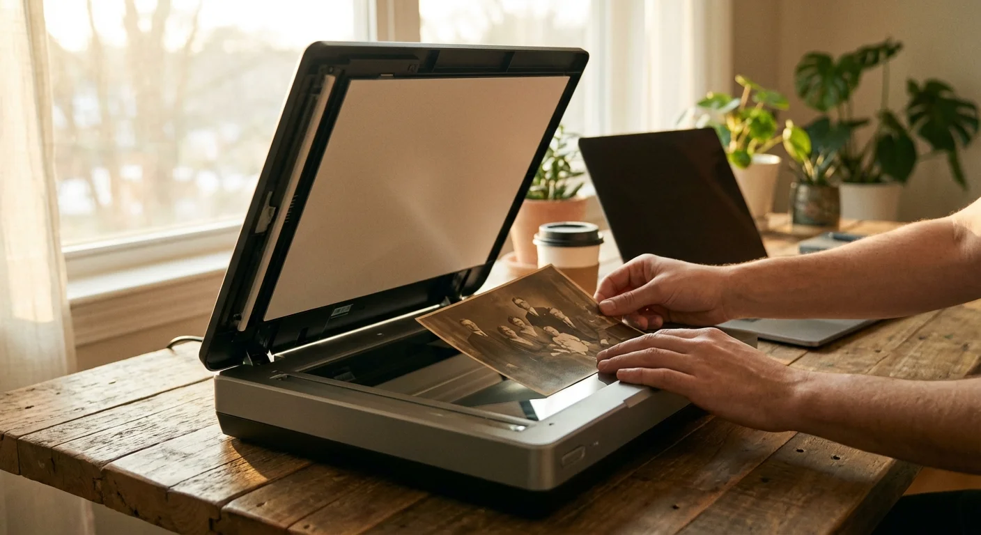 A vintage sepia photo being placed on a high-quality flatbed scanner for digitizing.