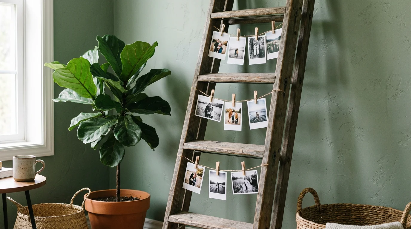A vintage wooden ladder used as a creative photo display stand.