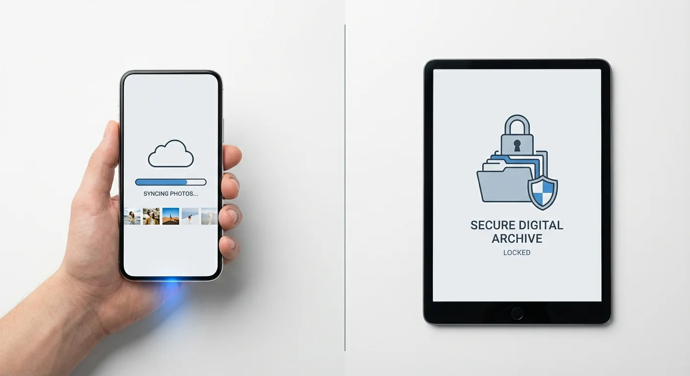 A visual comparison between a syncing phone and a secure backup archive.