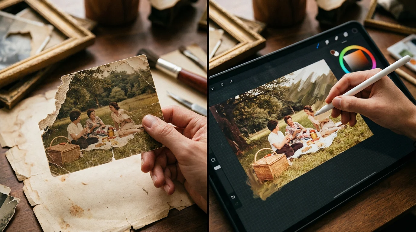 A visual comparison showing a torn photo corner being digitally reconstructed.