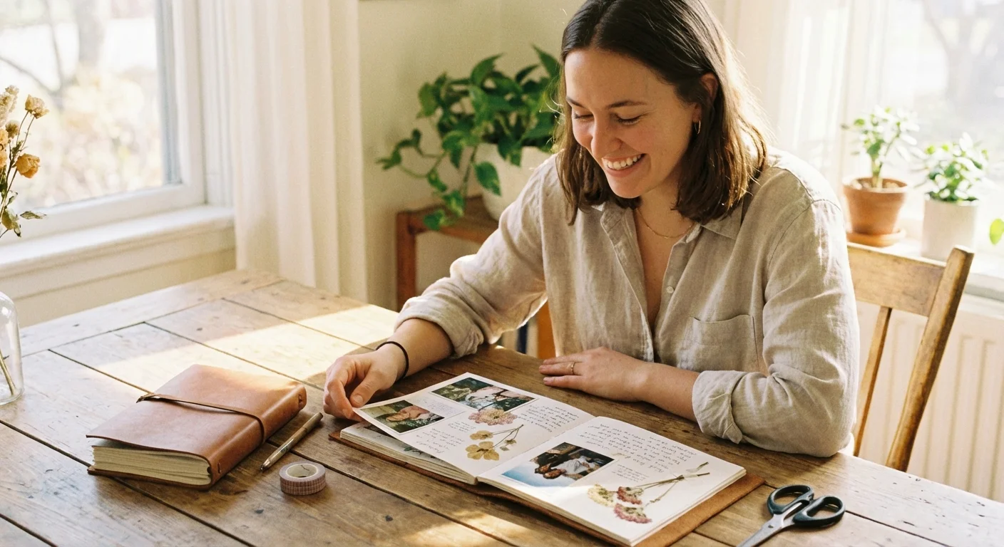 A woman happily working on her first simple scrapbooking project.