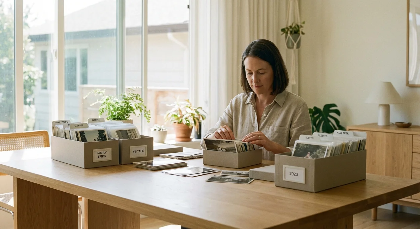 A woman organizing photographs into archival boxes at a wooden desk.