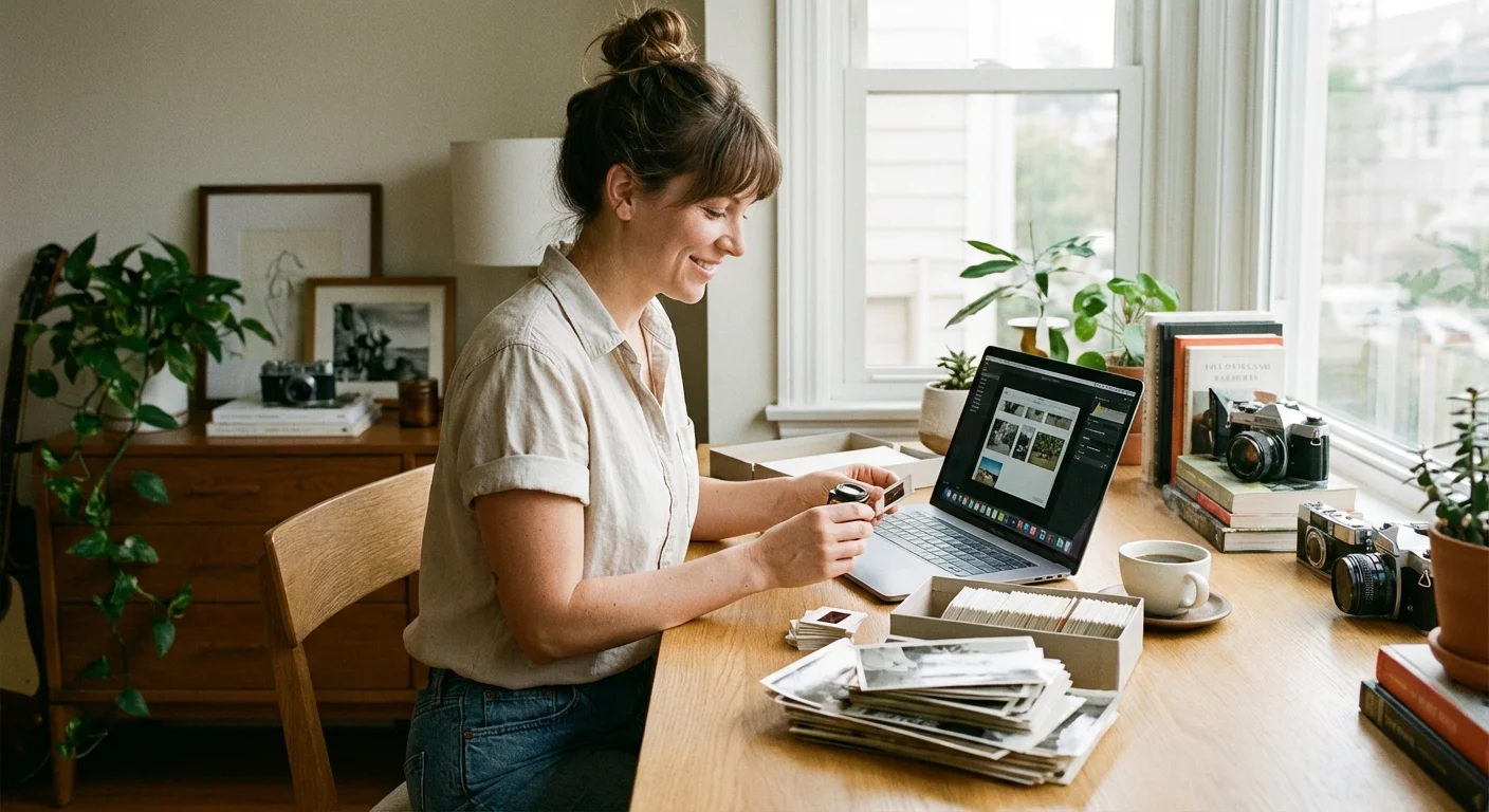 A woman organizing stacks of vintage photographs and slides next to a laptop on a sunny desk.