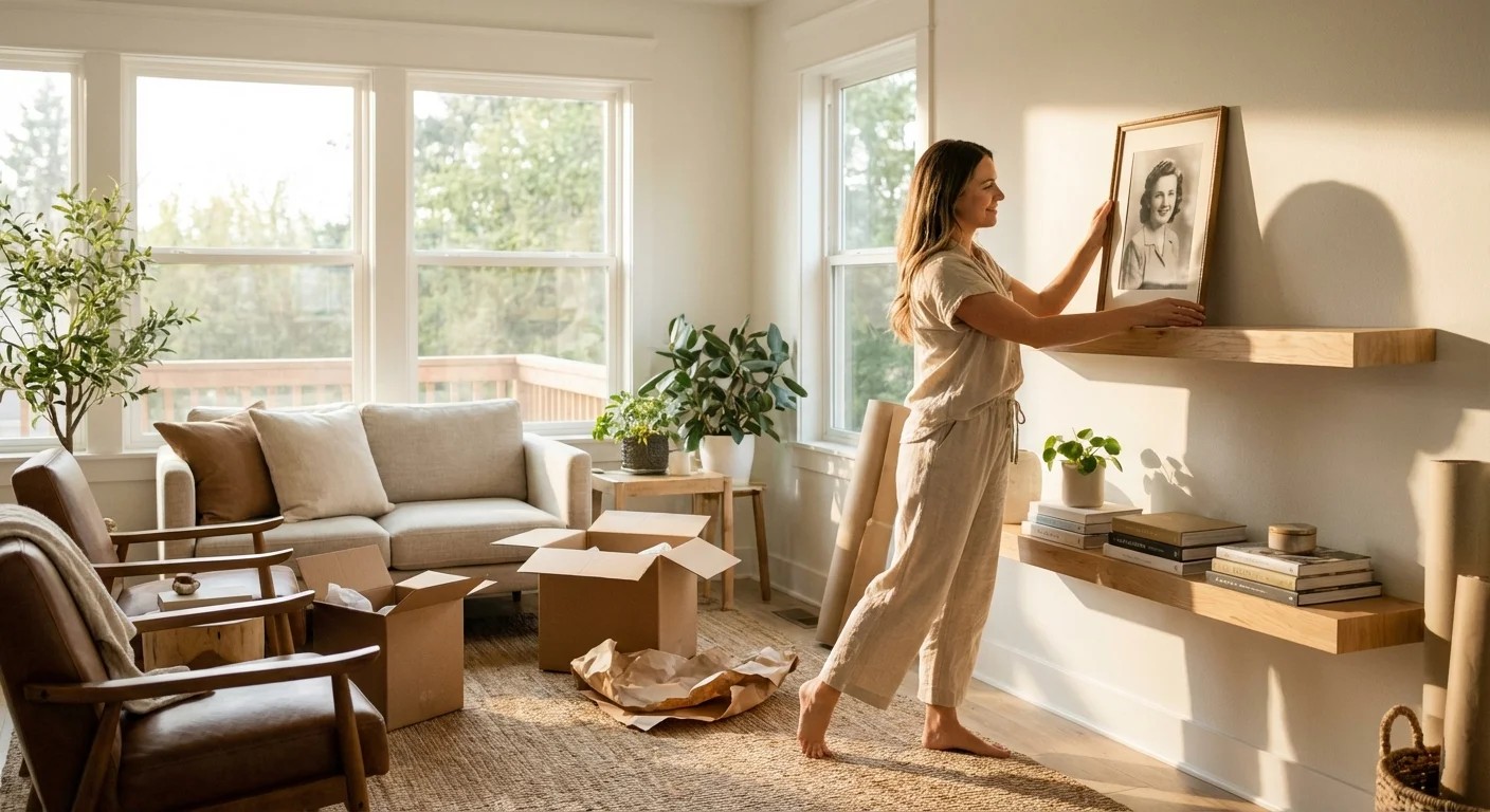 A woman placing a framed photo on a shelf in a bright, new home after a move.