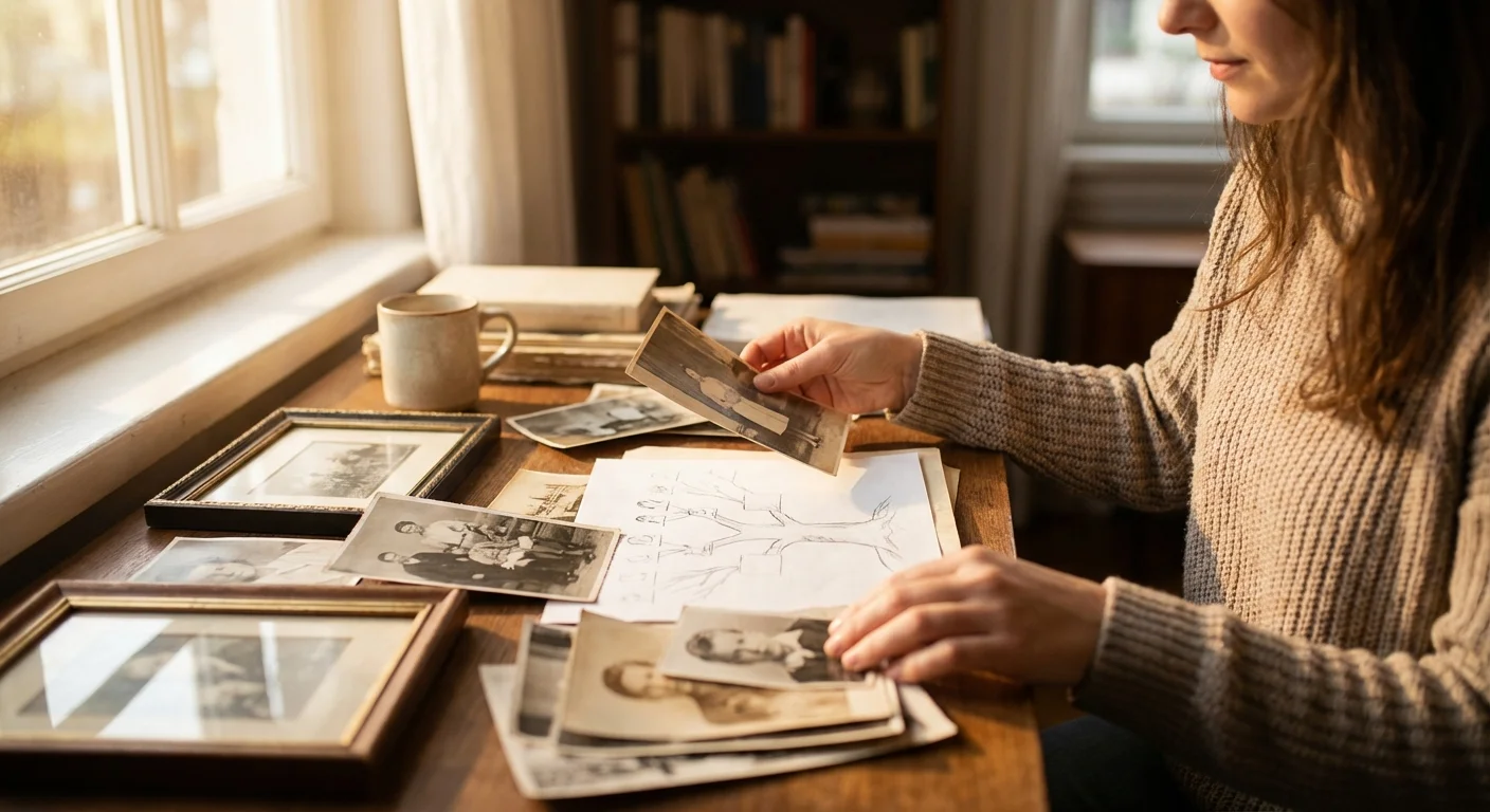 A woman planning a family tree display with old photos and a notebook on a wooden desk.
