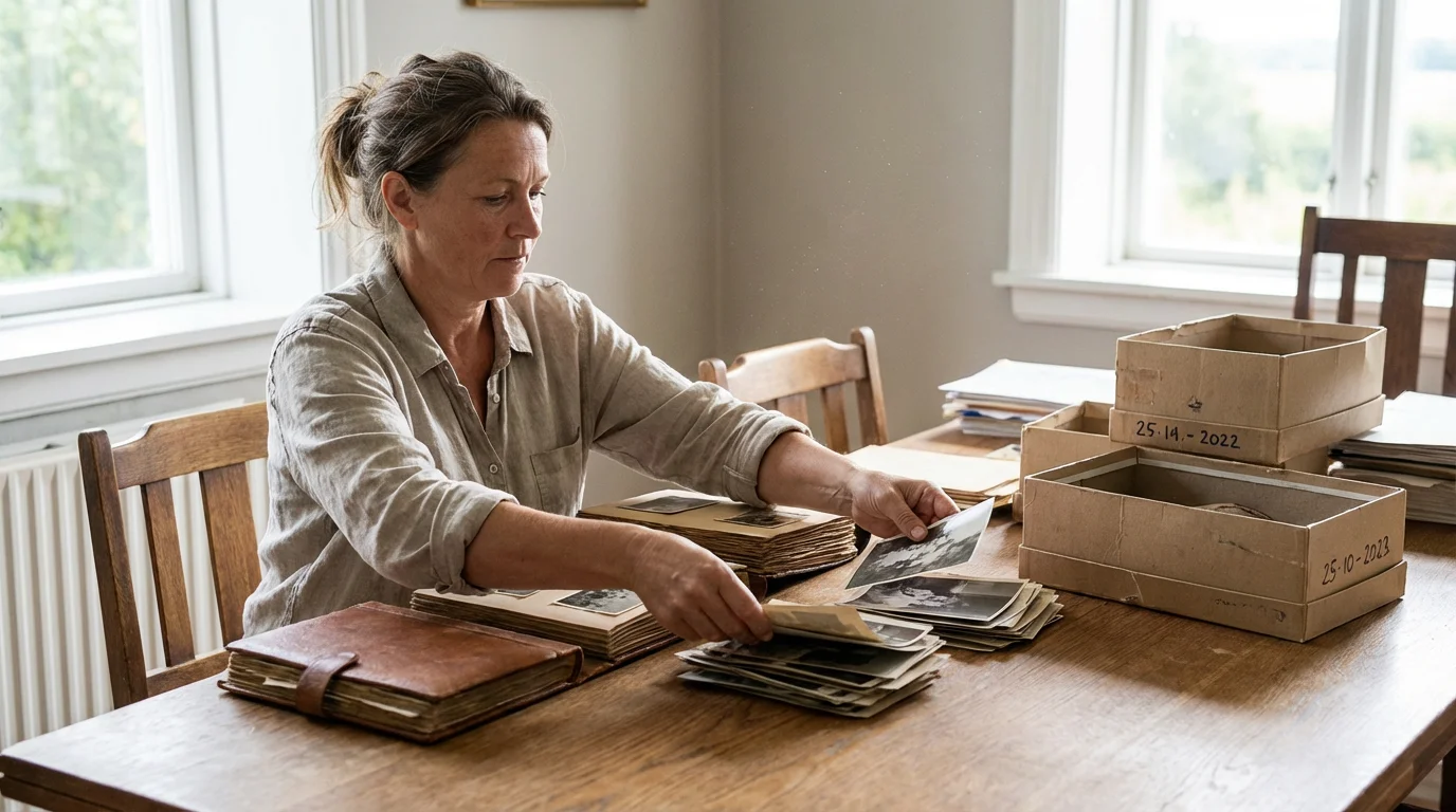 A woman sorting through stacks of old photographs and albums on a large wooden table.
