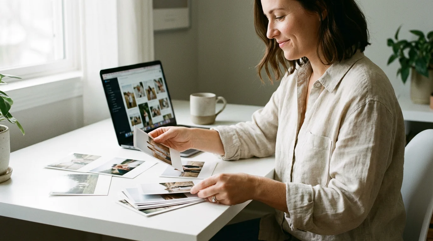 A woman thoughtfully organizing and selecting photo prints at a bright, minimalist desk.