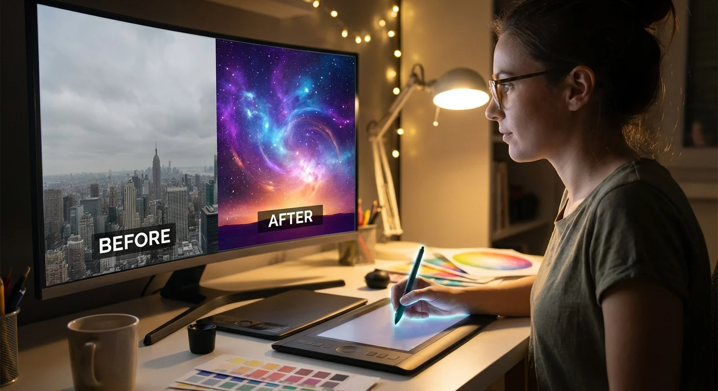 A woman using a stylus to perform a dramatic AI sky replacement on a professional monitor.