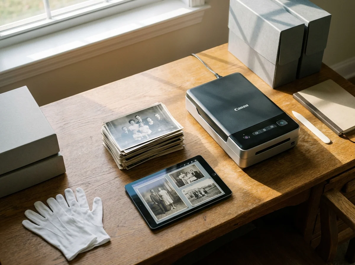 A workspace with a photo scanner, vintage snapshots, and a tablet, representing photo digitization.