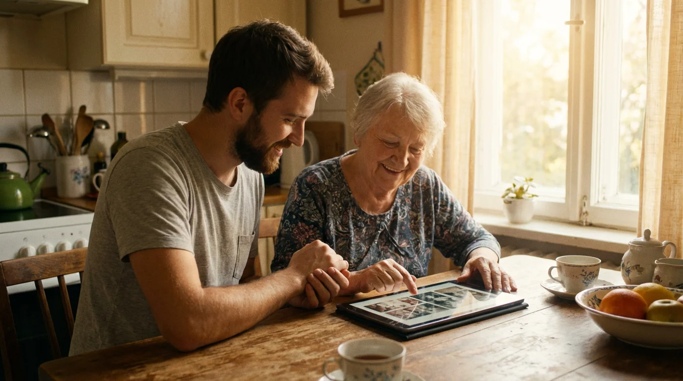 A young man teaching an elderly woman how to use a tablet to view photos.