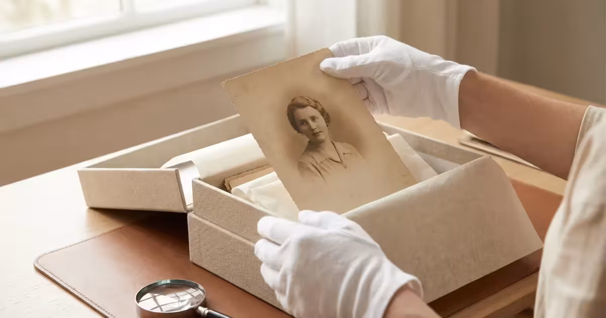 Close-up of gloved hands holding a vintage photo over an archival storage box in soft light.